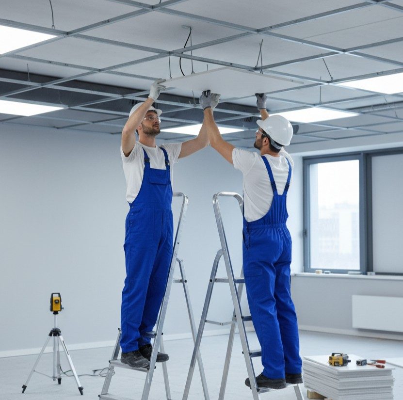 Pose de faux-plafonds dans un plateau de bureaux